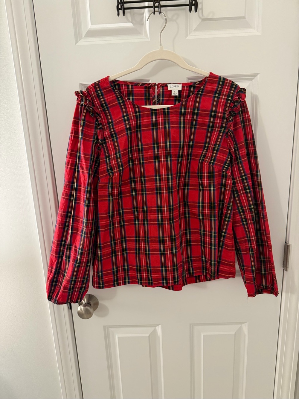 J. Crew Red Plaid Boatneck Blouse with Contrast Stripes